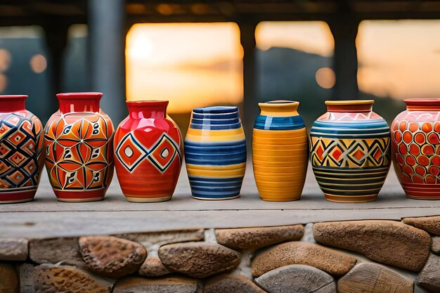 Colorful vases on a ledge with a sunset in the background