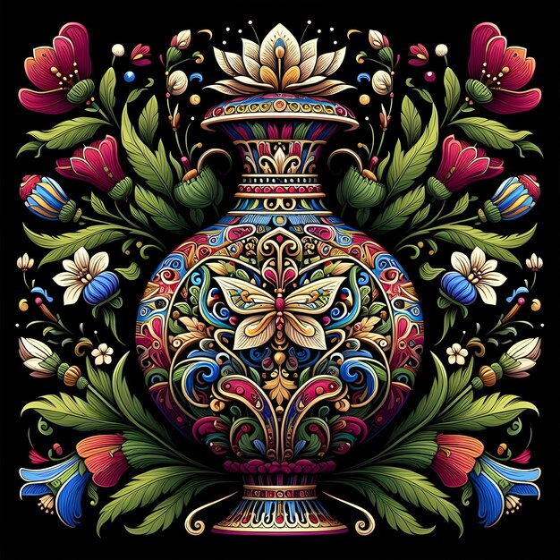 Colorful vases that are symmetrical in the center Surrounded by flowers and leaves