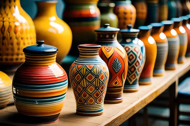 Colorful vases on a wooden shelf, one of which has a pattern of different colors