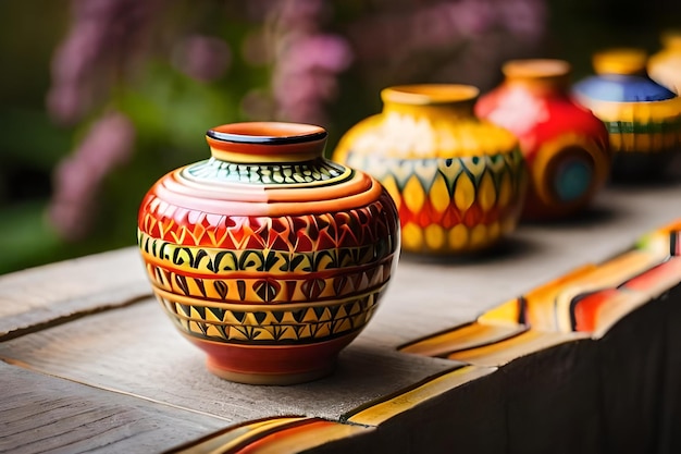 Colorful vases on a wooden table with a purple background