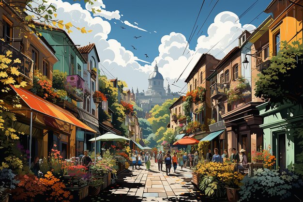 colorful vector art of a bustling market with vibrant AI generated