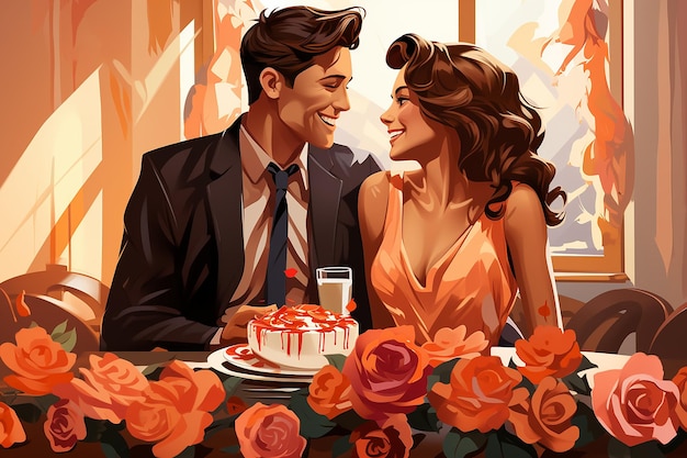 colorful vector art of a couple sharing cake AI generated