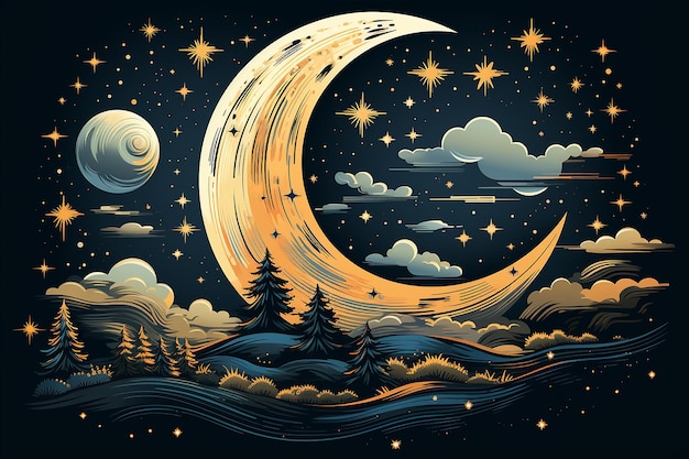 colorful vector art of simple outline of a moon and stars AI generated