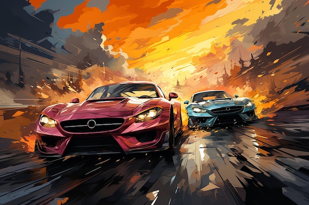 colorful vector art of a team of talented cars compet AI generated