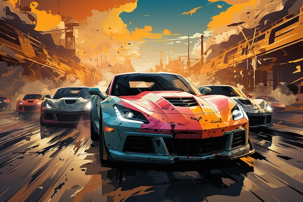 colorful vector art of a team of talented cars compet AI generated