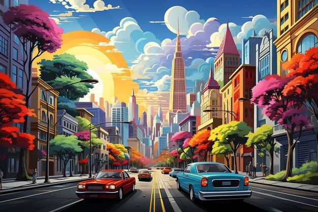 colorful vector art of a vibrant cityscape where cars AI generated