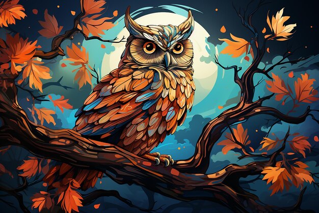 colorful vector art of a wise owl perched on a branch AI generated