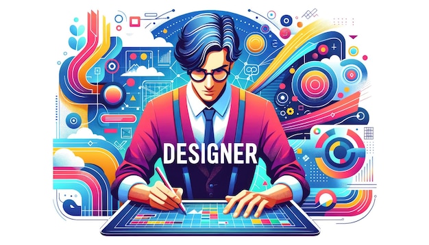 Photo colorful vector design of a focused designer with 'designer' word on his tshirt immersed in his work