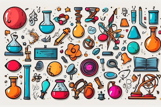 Photo colorful vector hand drawn set of science cartoon doodle objects symbols and items