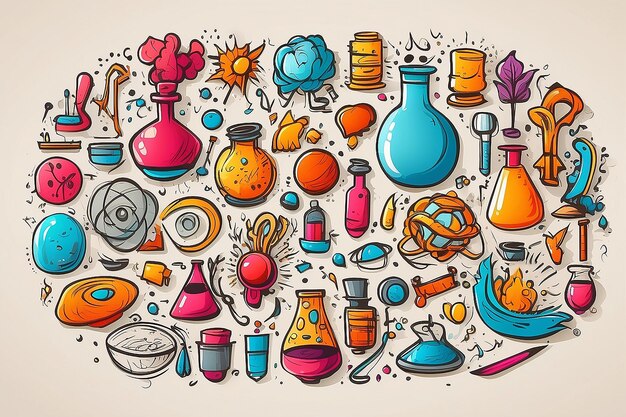 Photo colorful vector hand drawn set of science cartoon doodle objects symbols and items