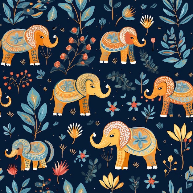 A colorful vector illustration of elephants with flowers and plants.