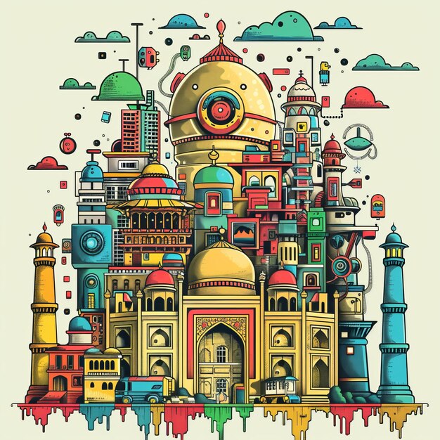 Photo colorful vector illustration of famous buildings in jaipur india