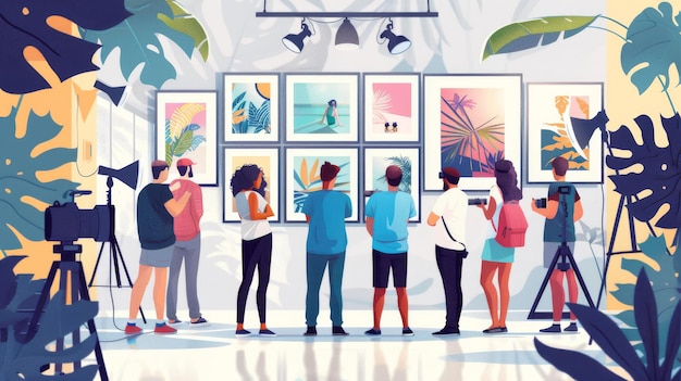 Photo colorful vector illustration of a photography contest with judges reviewing photos and awarding prizes to the best shots celebrating the creativity of participants generative ai
