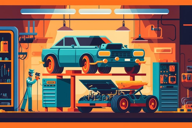 Colorful vector style car repair shop interior with a mechanic inspecting the engine of a car on