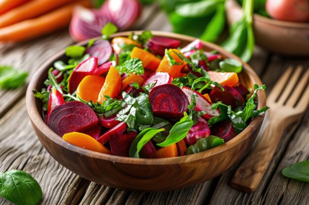 Colorful vegetable medley in wooden bowl