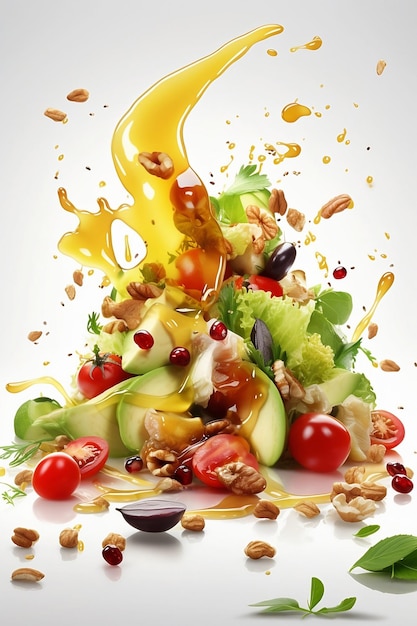 Colorful vegetable salad with splashes on white background