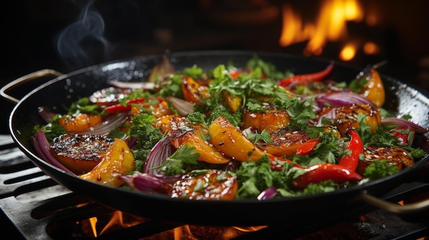 Фото Красочные овощи, поджаренные в горячей сковородке