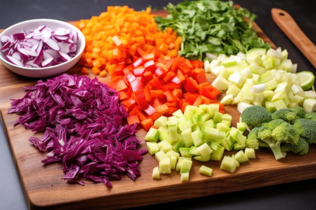 Colorful vegetables being chopped on a wooden board