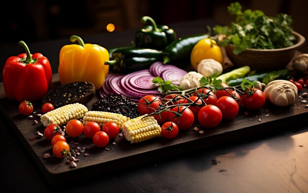 Foto verdure colorate sul tagliere nero ingredienti freschi generativi di ai
