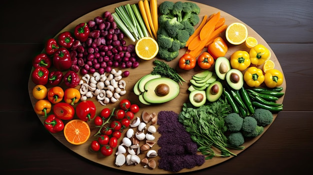 Colorful vegetables and fruits on the table healthy and wholesome food Concept of healthy food Top view Generative AI