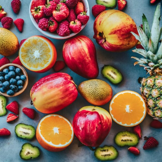 Foto verdure e frutta colorate cibo vegano nei colori dell'arcobaleno