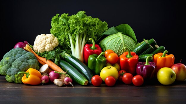 Colorful vegetables on a wooden table background