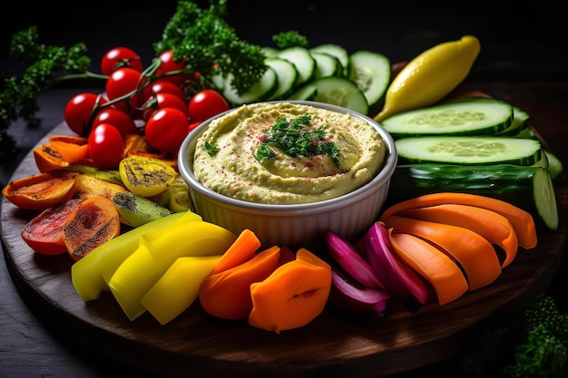 A colorful veggie platter with hummus for dipping 3