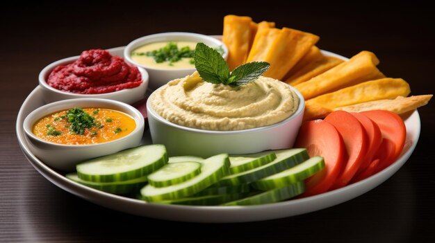 Photo colorful veggies and hummus offer healthy snack option