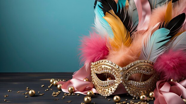 Colorful Venetian masks with feathers on a dark wooden background