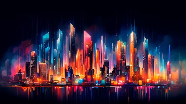 Красочный и яркий абстрактный горизонт неоновых небоскребов, светящихся в ночном иллюстраторе генеративного ИИ