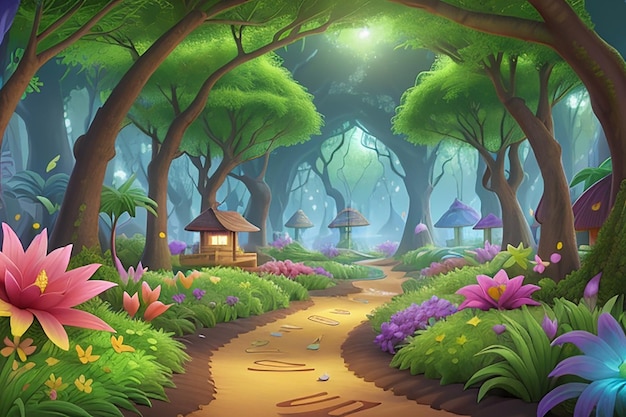 Photo colorful vibrant fantasy forest illuminated landscape