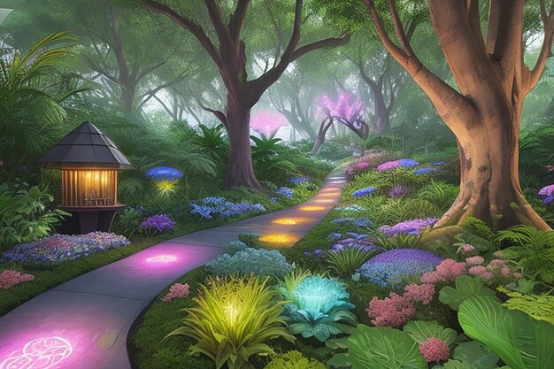 Photo colorful vibrant fantasy forest illuminated landscape