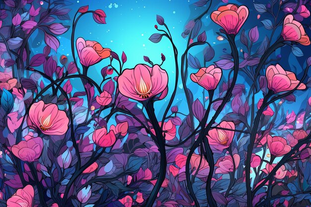 Colorful Vibrant Hand Drawn Unique Flowers Graphic Illustration Background