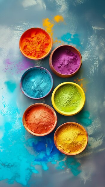 Photo colorful and vibrant holi powder colors in bowl for celebration top view