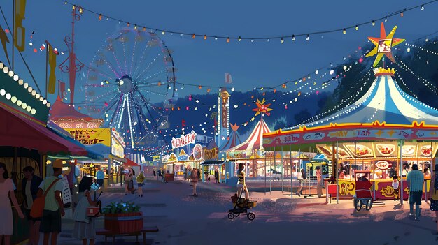 Photo a colorful and vibrant illustration of a fairground at night