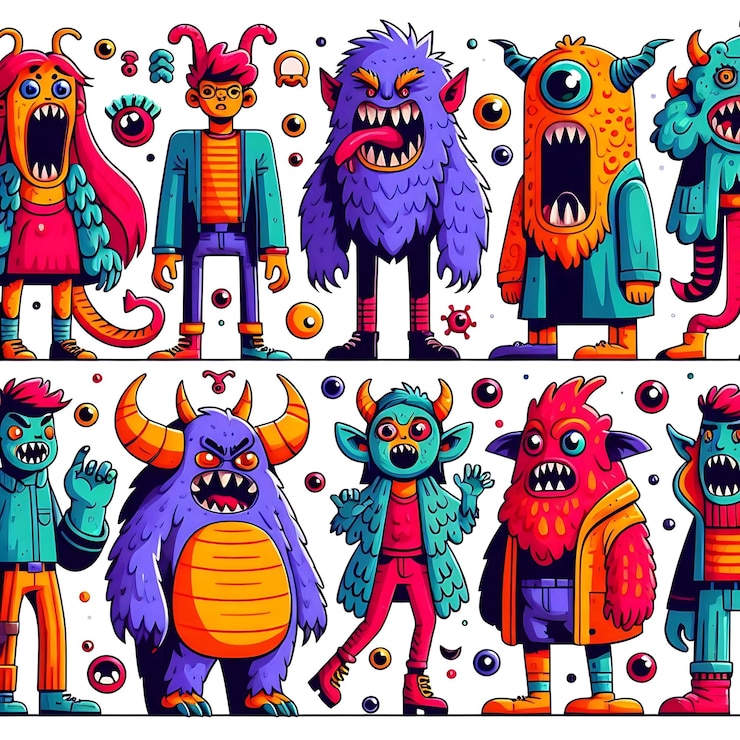 Photo 様々な可愛いモンスターのカラフルで活気のあるイラスト
