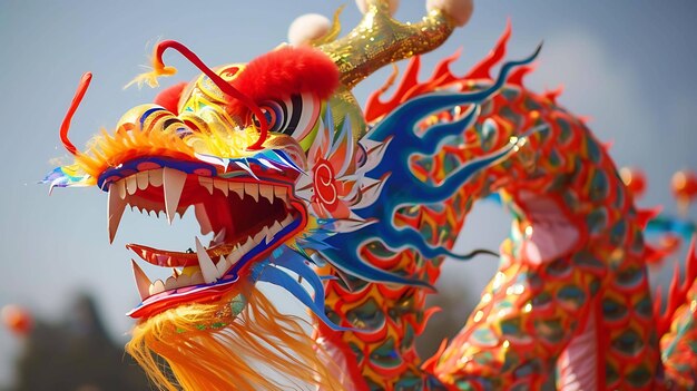 A colorful and vibrant image of a Chinese dragon The dragon is red gold and blue with intricate details and patterns