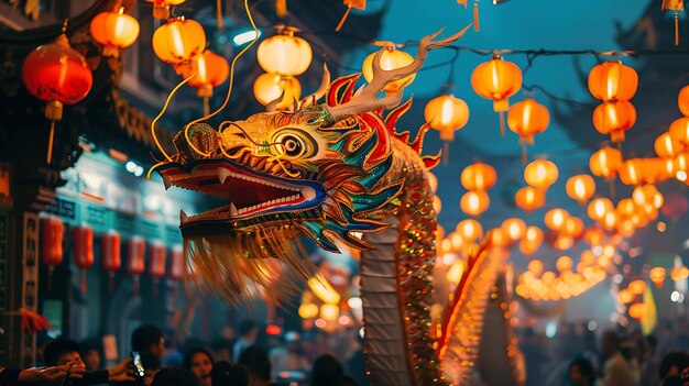 A colorful and vibrant image of a Chinese dragon lantern during a festival
