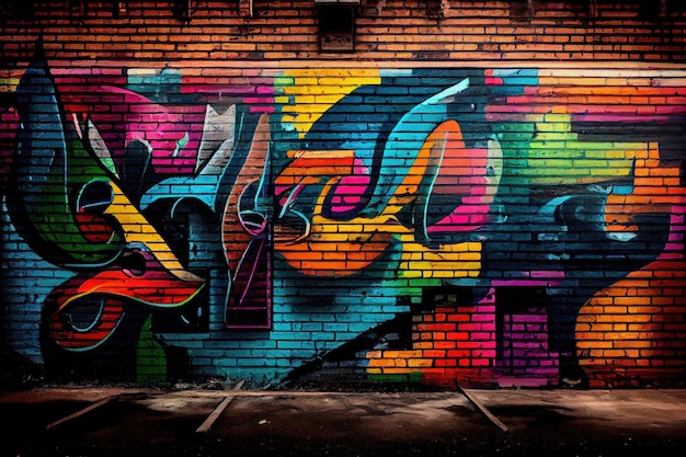 Photo a colorful and vibrant industrial brick wall with graffiti art featuring bright colors and unique designs