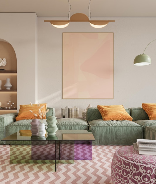 Colorful and vibrant interior designs of living room adorned with cozy furnitrue 3d render