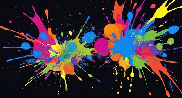 Colorful vibrant paint splashes on black background