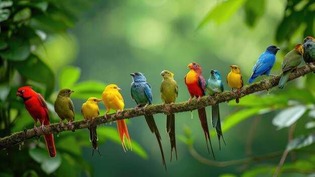 Colorful and vibrant tropical birds gracefully perch on a lush tree branch in the rainforest