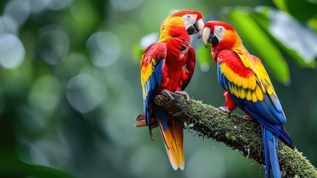 Colorful and vibrant tropical birds gracefully perch on a lush tree branch in the rainforest