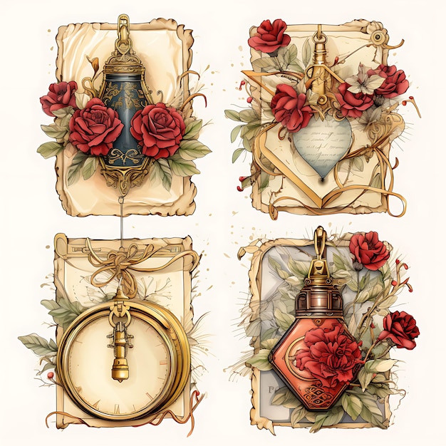 Photo colorful victorian era love letter parchment paper ornate gold frame art decor illustration flat2d