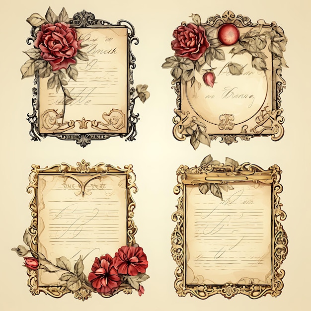 Colorful Victorian Era Love Letter Parchment Paper Ornate Gold Frame Art Decor illustration flat2D