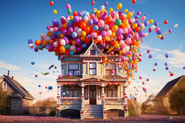 a colorful Victorian house lifted by an assortment of colorful balloons into the sky to celebrate