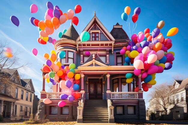 A colorful victorian house lifted by an assortment of colorful balloons into the sky to celebrate