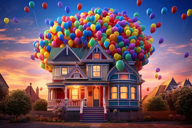 Photo a colorful victorian house lifted by an assortment of colorful balloons into the sky to celebrate