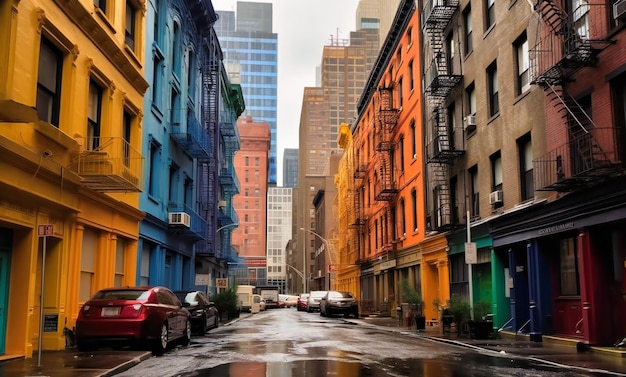 Красочный вид на улицу с высотными зданиями