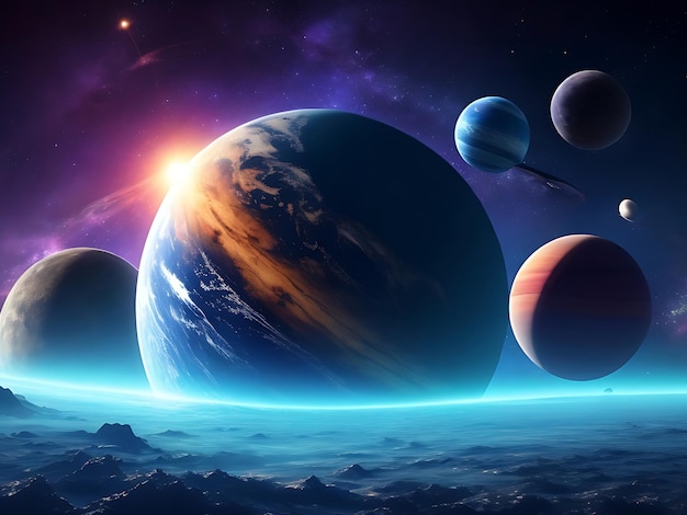 Colorful view of planets and stars futuristic background